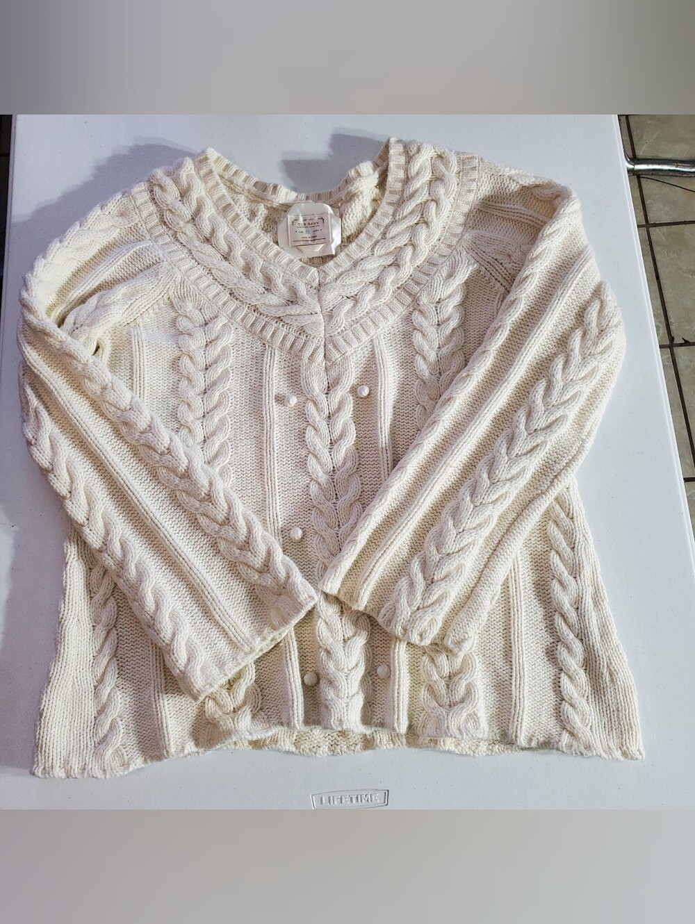 VTG Old Navy XL Cotton Wool Blend Ivory Chunky Cable-Knit Popover Sweater
